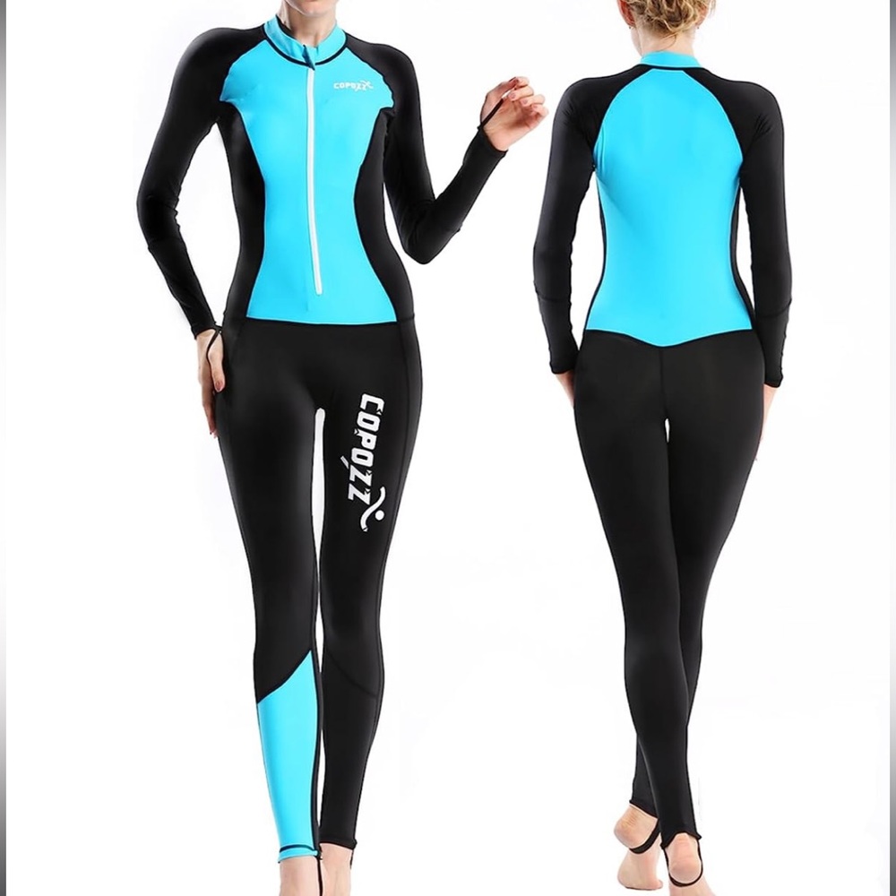 Women’s Long Sleeve One-Piece Swim Suit - Black & Light Blue